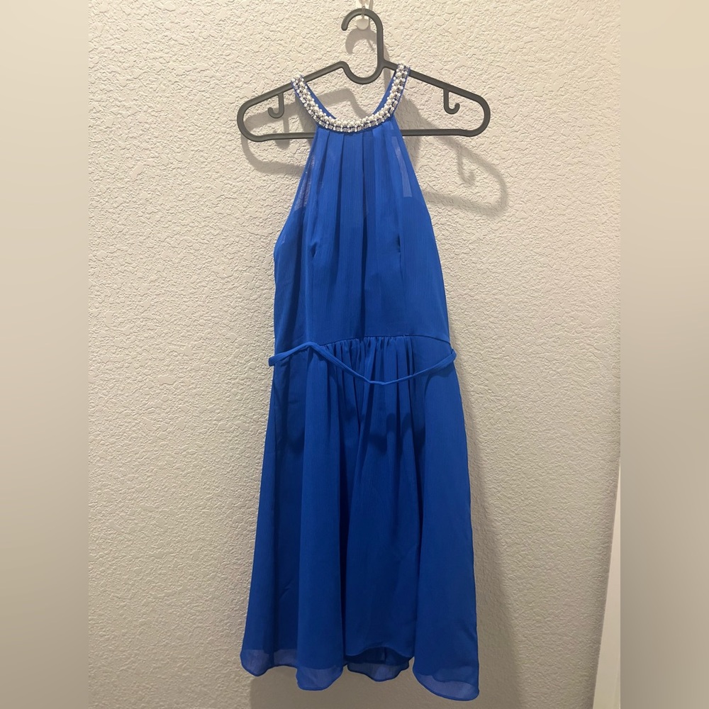Royal blue - sweetheart neckline- mid length- formal dress- accent neckline